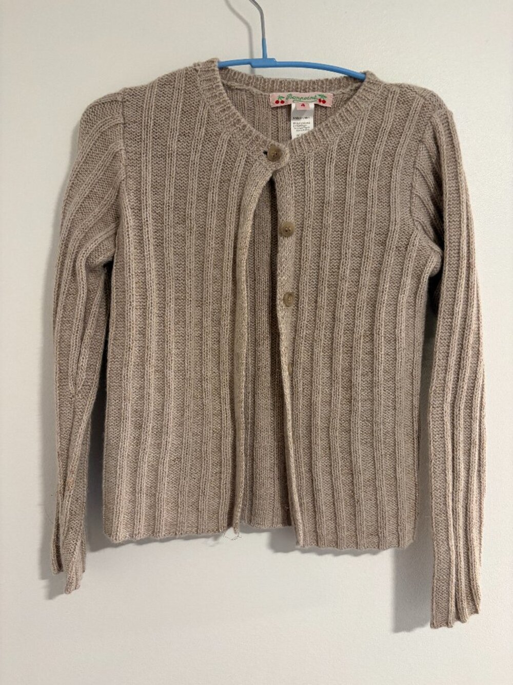 Bonpoint ribbed light tan cardigan with buttons and golden thread highlights siz